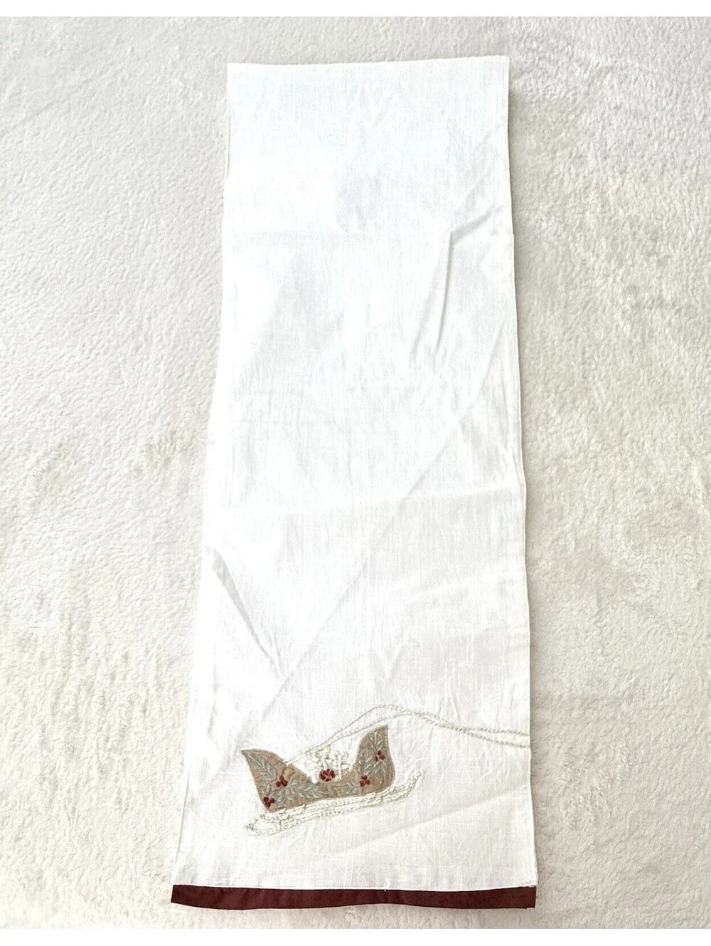 Christmas Table Runner 15x72 White Embroidered Sleigh Burgundy Trim Holiday